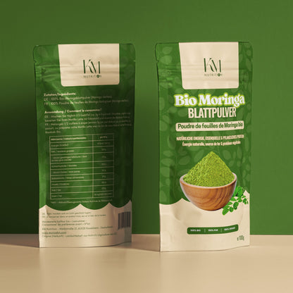 Poudre de Feuilles de Moringa Bio 100g - Packshot Studio Duo Face et Dos